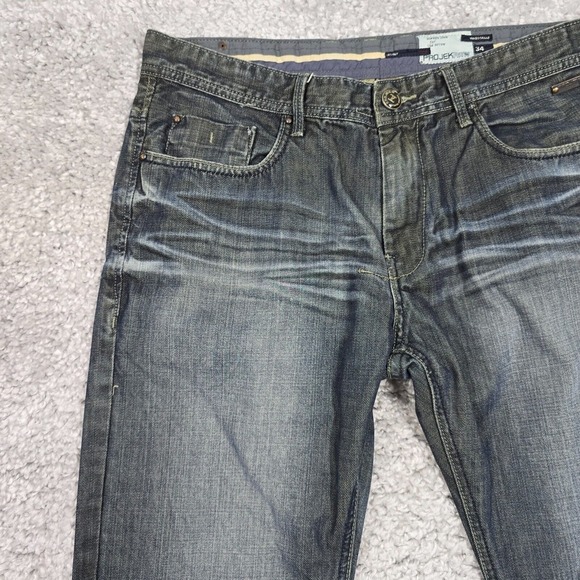 Projek Raw Jeans Mens 34x33 Blue Straight Dark Wash Whiskers Biker Punk - Picture 3 of 15
